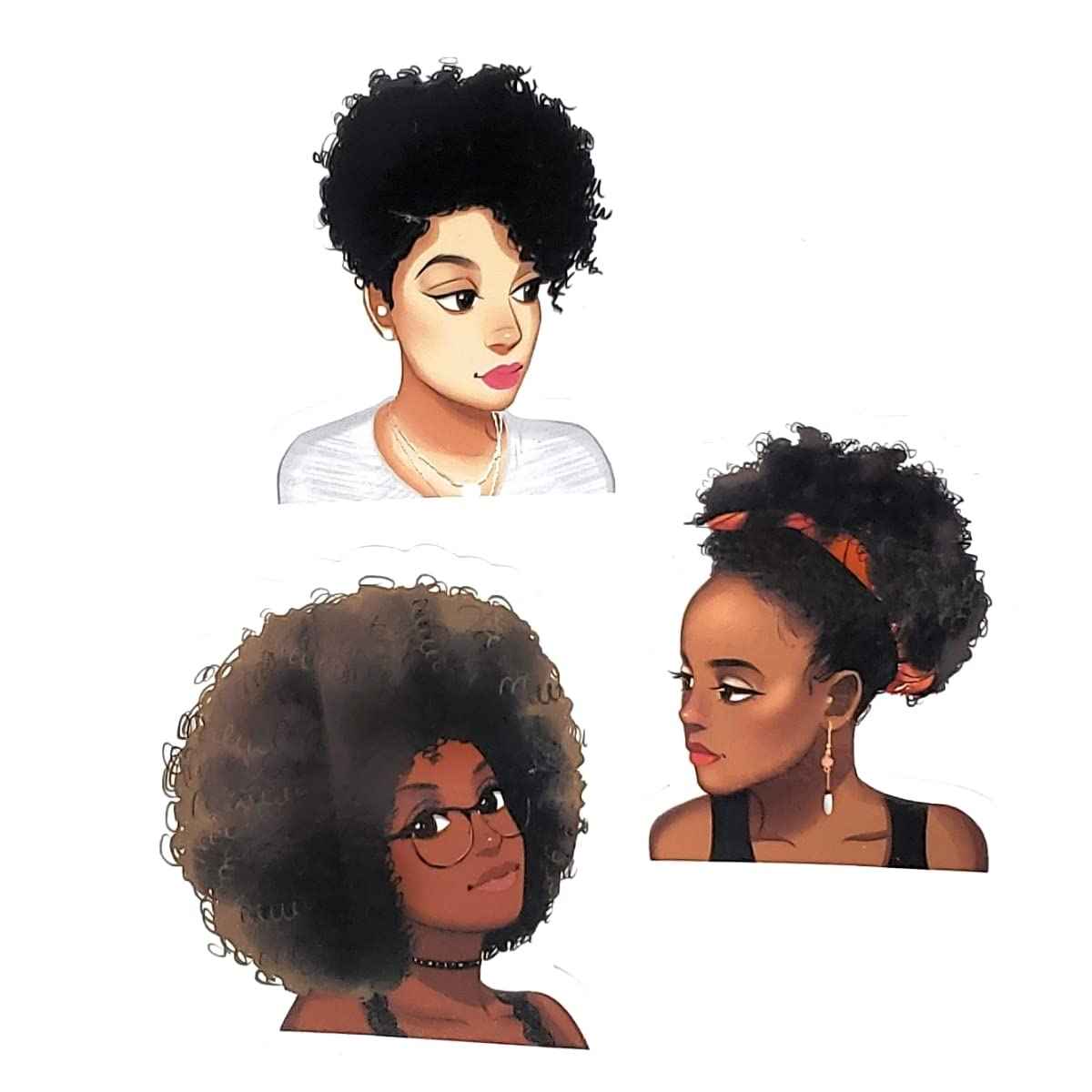 Sticker Boogie Decorative Semi-Gloss Vinyl Die Cut Stickers – Set of 3 Afro Style Natural Hair Black Women Art Decals for Laptops, Water Bottles, Notebooks, Planners and Personal Items