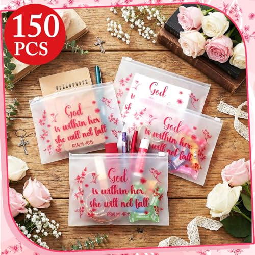 Kacctyen 150 Pack Woman of Faith EVA Bags Gift Bulk God Is Within Her She Will Not Fall Women's Day Party Favor Mother's Day Christian Bible Reusable Clear Pouches with Zipper Waterproof Bag