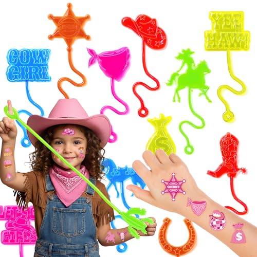 48PCS Cowgirl Party Favors - 24PCS Temporary Tattoos & 24PCS Stick Hands Party - Perfect Birthday Party Supplies, Goodie Bag Stuffers, Treasure Box Toys, Classroom Prizes, and Student Gifts