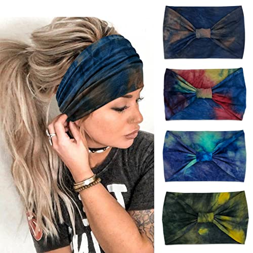 YONUF Wide Headbands For Women Knotted Headband African Womens Head Wraps Stretchy Hair Accessories Bands Tie Dye 4 Pack
