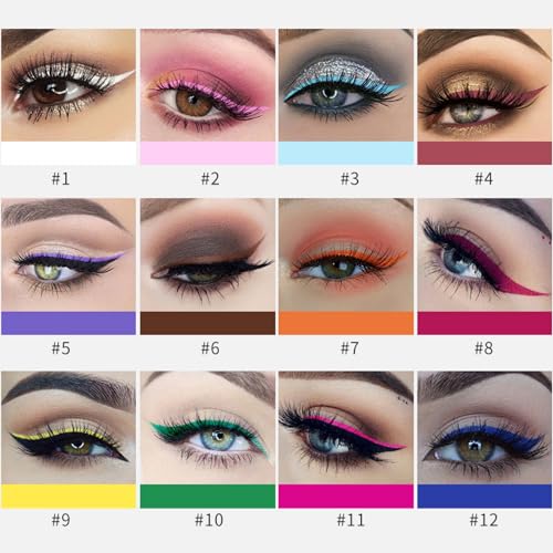 MAEPEOR 12 Color Matte Liquid Eyeliner Set Smooth Pigmented Colorful Eyeliner Line Pen Waterproof Smudgeproof Long Lasting Eyeliner Eyeliner Eye Makeup Gift Kit for Women and Girls (Set 01)