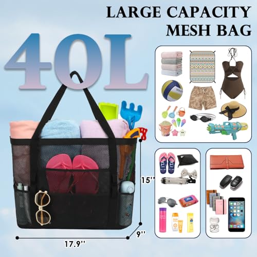 Fammart Large Mesh Beach Bag with Zipper Pocket for Family Travel