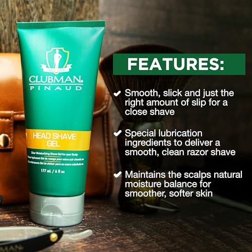 Clubman Pinaud Head Shave Gel for Men ? Clear Moisturizing Shaving Gel for Men, Hydrating Facial Hair for Sensitive Skin, Barber Supplies, 6 fl oz