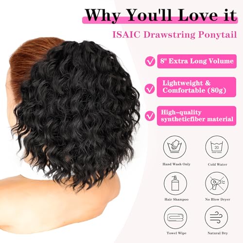 Isaic Curly Drawstring Ponytail Extension - 8 Inch, Jet Black