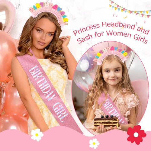 Birthday Girl Headband and Sash Set - Colorful Glitter Party Accessories