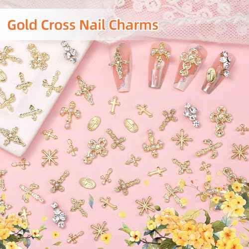 60 Pcs Gold Coss Nail Charms, 12 Styles 3D Cross Gold Nail Charms Crosses Star Nail Charm and Gems, Mixed Crosses Golden Charm for Acrylic Nails Y2K DIY Accessories