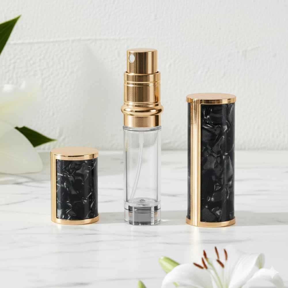 Ms Lovely Pearlescent Travel Perfume Atomizer Bottle – 5ml Refillable Mini Spray for Purse, TSA Approved Portable Fragrance Dispenser (Black with Gold)
