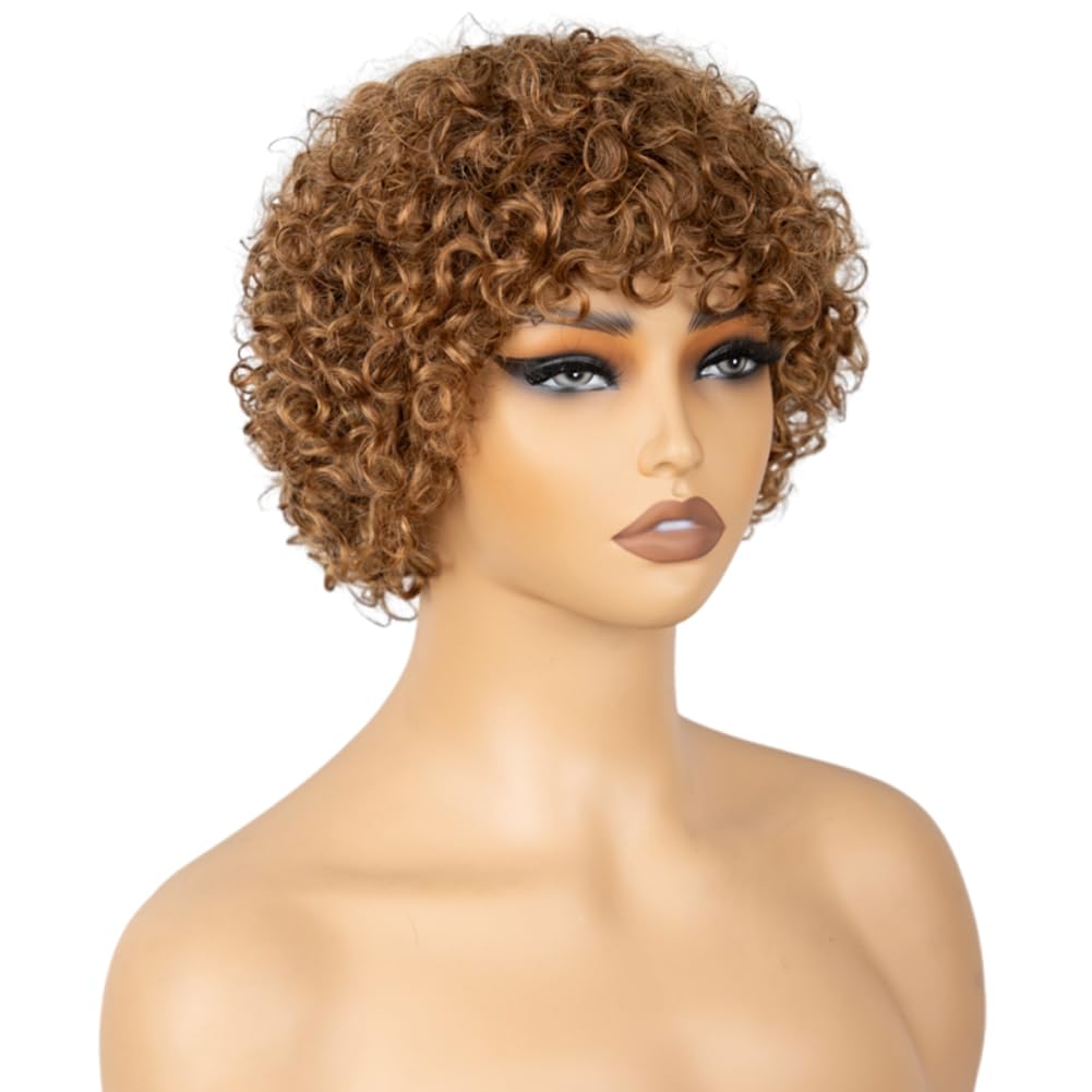 BEOTTI Short Curly Human Hair Wigs with Bangs Pixie Cut Wig Human Hair Afro Curly Wig Human Hair 6 Inch Full Machine Glueless Wigs Human Hair (30#, 6 Inch)