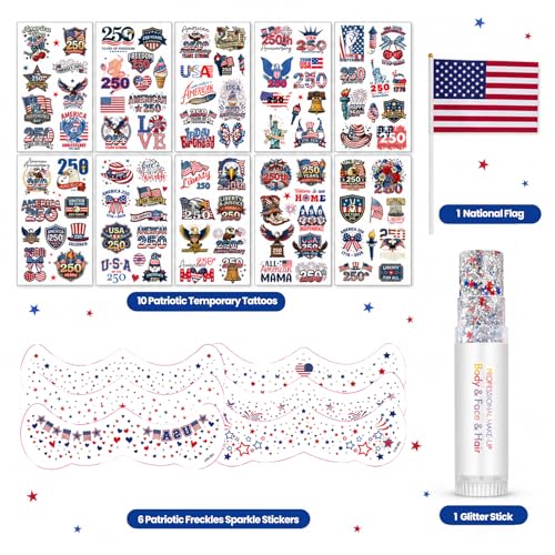 Patriotic Temporary Tattoos Set 106 Pcs with Face Glitter