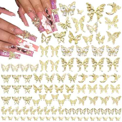 RODAKY 120pc Butterfly Nail Charms - Gold 3D Butterflies with Rhinestone Mixed Size Y2K Nail Decoration for Women's Manicure Design DIY Craft Embellishment