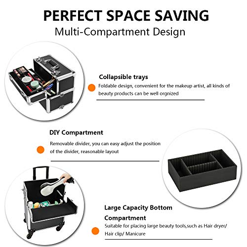 Mefeir 3-in-1 Rolling Makeup Train Case with Removable Wheels
