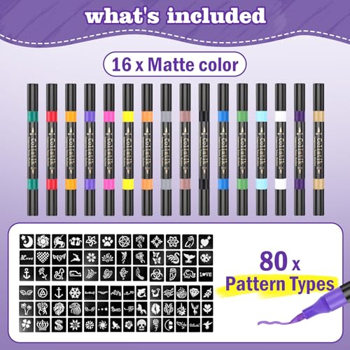 Temporary Tattoo Markers Kit – 16 Colors & 80 Stencils