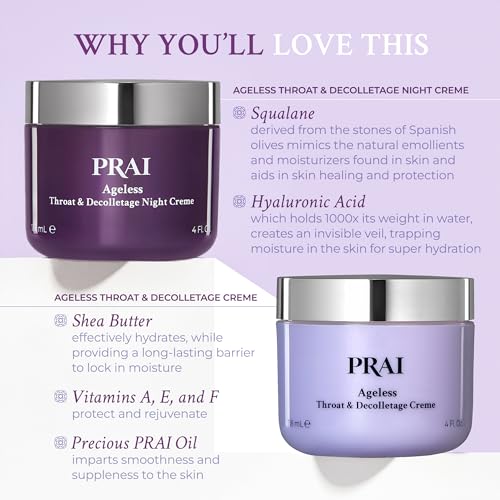 PRAI Beauty Ageless Day and Night Neck Creme Set | 1 Throat & Decolletage Day Creme and 1 Throat & Decolletage Night Creme | Skin Tightening Cream Set for Instantly Ageless Neck | 4.0 Oz Each
