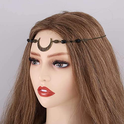 Aularso Vintage Head Chain Crescent Moon Headbands Chain Crystal Headpieces Beaded Forehead Chain for Women (Black)