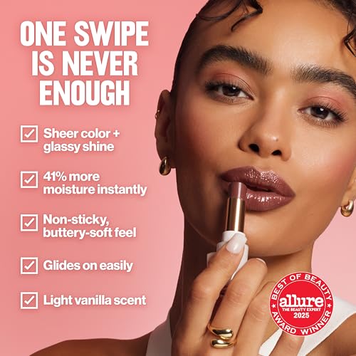 REVLON Super Lustrous Glass Shine Balm, Hydrating Tinted Lip Balm with Hyaluronic Acid, Aloe & Rose Quartz, 008 Rum Raisin, 0.11 oz