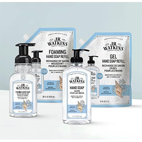 J.R. Watkins Gel Hand Soap Refill Pouch, Scented Liquid Hand Wash for Bathroom or Kitchen, USA Made and Cruelty Free, 34 fl oz, Ocean Breeze, 2 Pack