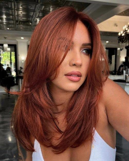 vedar Red Head, Synthetic Hair Red Wigs with Bangs, Natural Wavy Layered Long Hair Copper Red Wigs for Women, 20 inch VEDAR-270