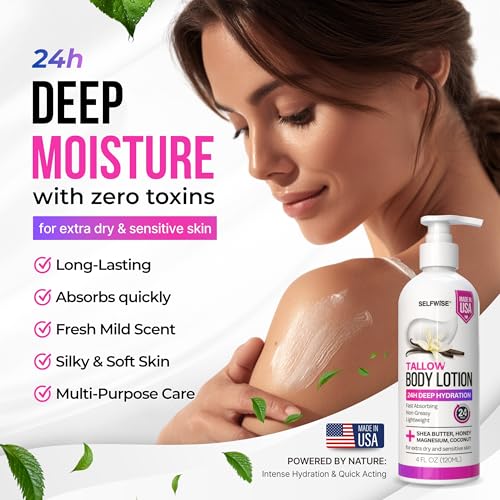 Beef Tallow Body Lotion with Magnesium & Shea Butter - Lightweight, Fast-Absorbing Body Cream with Avocado Oil & Vitamin E - Non-Greasy Moisturizer for Dry, Sensitive Skin - Daily Hydration, 4oz