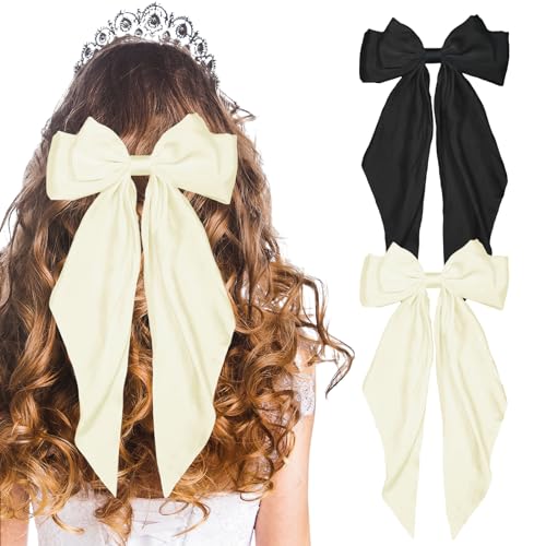 LSxia 2PCS Hair Bows for Women, [Black Hair Bow & Beige White Hair Bows] for Hair, Big Silky Satin Hair Bow Hair Ribbons, Bow Hair Clips Bow Clips for Women, Cute Hair Accessories (Set B)