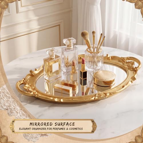 Vintage Gold Mirror & Jewelry Tray Set - 3 Piece