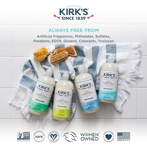 Kirk's 3-in-1 Head to Toe Nourishing Cleanser & Travel Size Bar Soap - for Men, Women & Children, Made with Premium Coconut Oil and Aloe Vera, Non-GMO & Vegan, Fragrance Free, 32 Fl Oz.