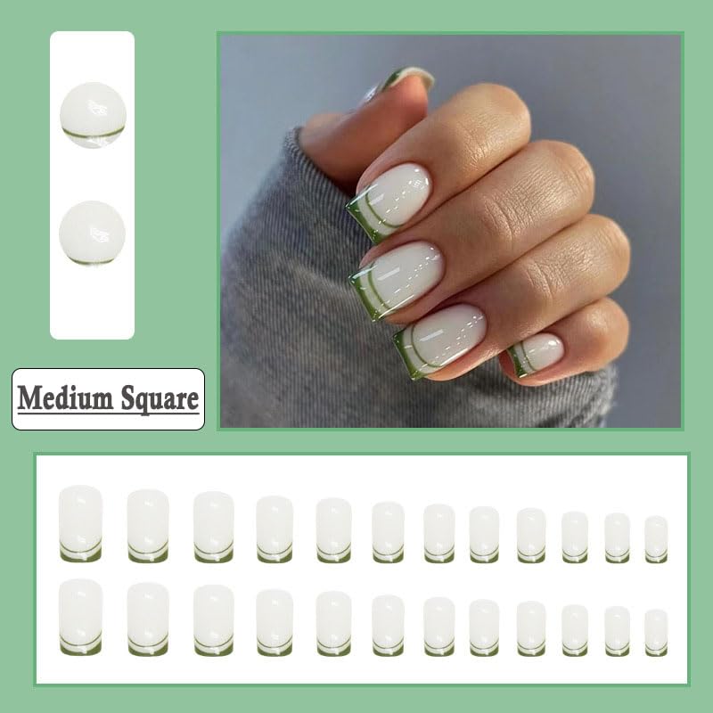 BAOYAALIN Press on Nails Medium Square French Green Fake Nails with Simple Fashion Design, Press ons Artificial Acrylic Full Cover False Stick on Nail for Women Girls Daily Wear Wedding 24Pcs