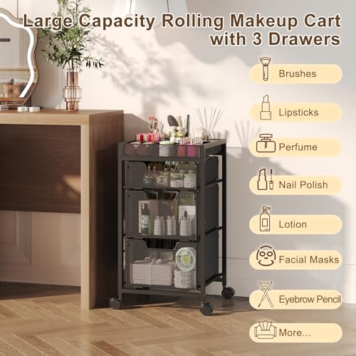 Rolling Makeup Cart Organizer 4-Tier 3 Drawers with Dividers, Black – JKsmart