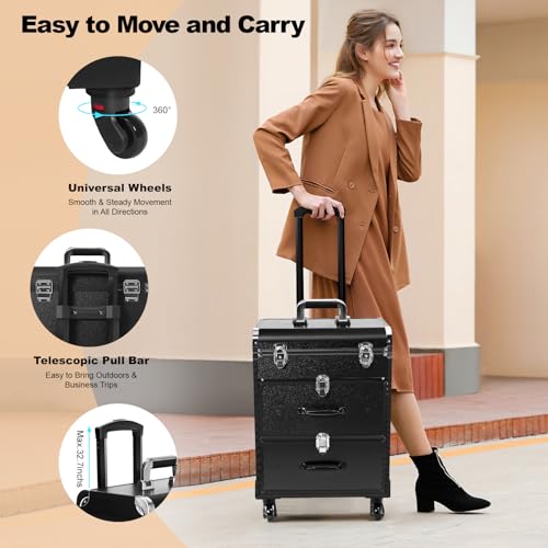 Lockable Rolling Makeup Train Case with 3 Drawers - 110lbs Capacity