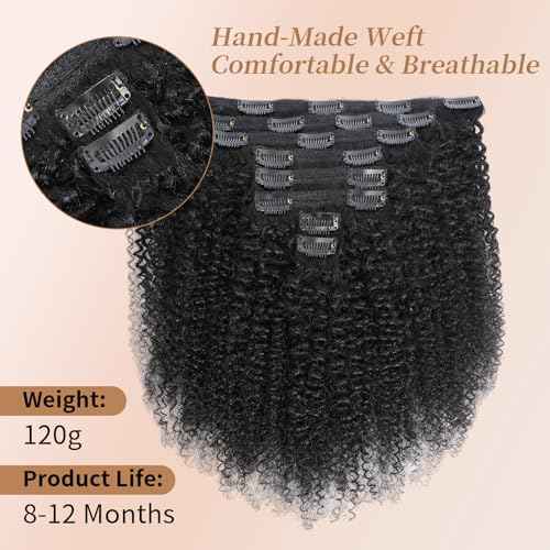 Afro Kinky Curly Clip Ins Human Hair 4C Hair Clip in Extensions Real Natural Human Hair for Black Women 8 pecs with 20 Clips 120g Natural Black Color 22 Inch