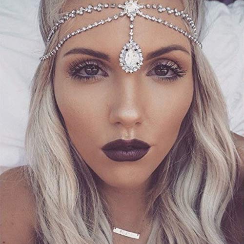 Wekicici Silver Iced Out Rhinestones Link Chain Head Chain Crystal Forehead Chain Hair Jewelry for Women and Girls Exotic Princess Hair Accessories for Costume (Gold)