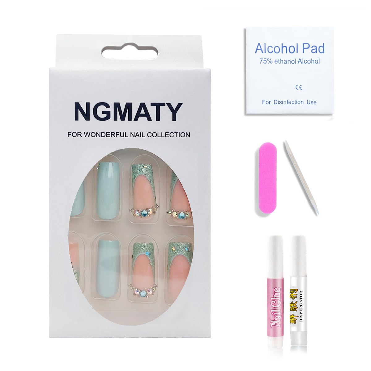 NGMATY Press On NailsFrench Blue Glitter Edge Crushed Diamonds Glitter Medium Long Square Press On Nails 12 Sizes 24 Pcs Gel False Nail Set