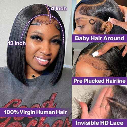 Bob Wig Human Hair 13x4 HD Lace Frontal Short Straight Lace Front Bob Wigs for Black Women Human Hair Pre Plucked Glueless Side Part 180% Density Black Color 12 Inch