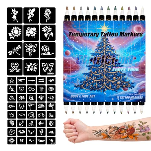 Temporary Tattoo Markers with 52 Stencils - 12 Dual-Tip Pens