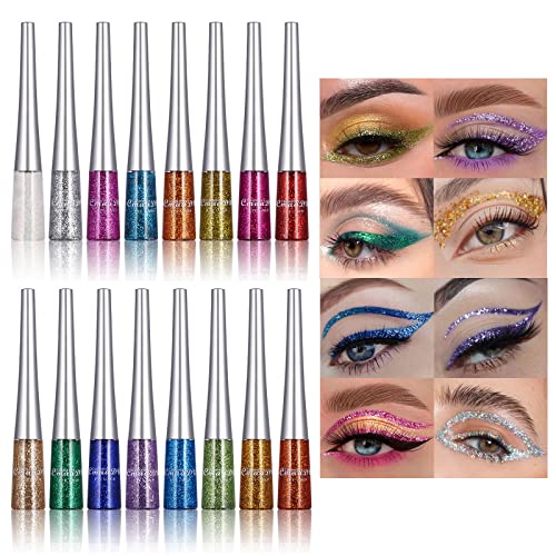 16 Colors Glitter Metallic Liquid Eyeliner Set Waterproof Long Lasting Eye Liner pencil Pigmented Shimmer Eye Makeup Gift Kit for Women Green Purple Blue Pink white Silver Gold Colored Eyeliners