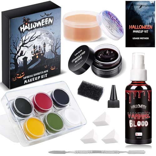 Special Effects SFX Halloween Makeup Kit, Professional Horror SFX Makeup Set with Scar Wax+Bruise Palette+Fake Blood Spray+Realistic Blood Gel for Wounds, for Realistic Zombie, Vampire&Demon