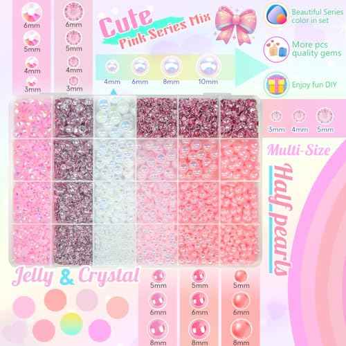 3mm-10mm Flatback Pink Pearls and Resin Rhinestones w B7000 Jewelry Glue for Bedazzling Crafting White AB Half Pearls Gems Stones Diamonds Charms for Face Eyes Makeup Tumblers Bottles Beauty