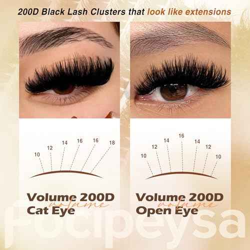 Focipeysa Lash Extension Kit Thick Eyelash Extension Kit 10-18mm Fluffy Lash Clusters 200D Individual Eyelashes Kit with Lash Bond, Lash Remover, Lash Applicator, DIY Lashes Extension