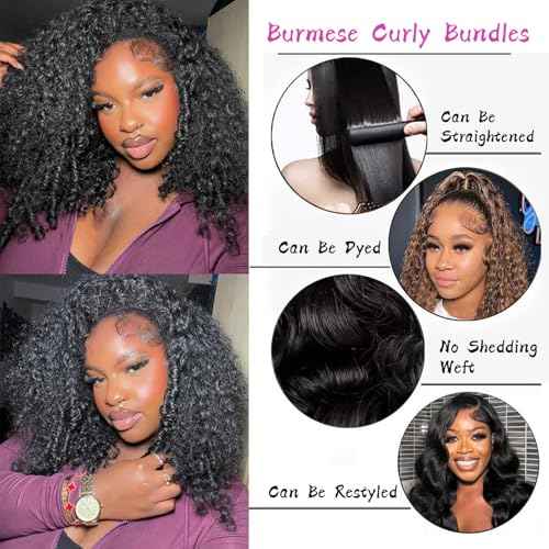 Burmese Curly Bundles Human Hair Water Wave Human Hair 100% Unprocessed Brazilian Virgin Remy Hair Bundles Quick Weave for Women Natural Black (Burmese Curly Natural Black, 20 22 24 Inch)