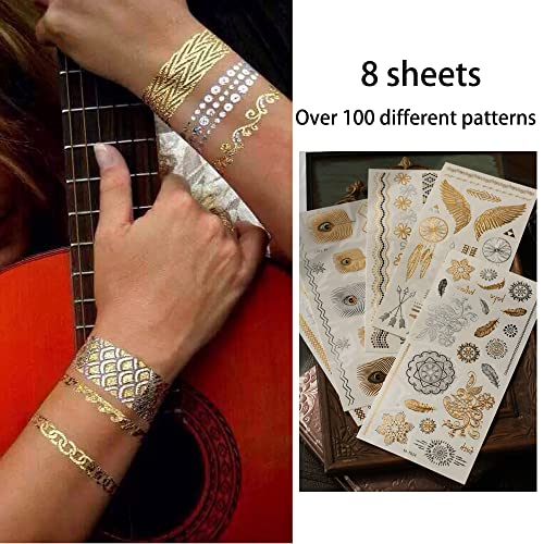 Gold Metallic Temporary Tattoos - 8 Sheets, 100+ Designs