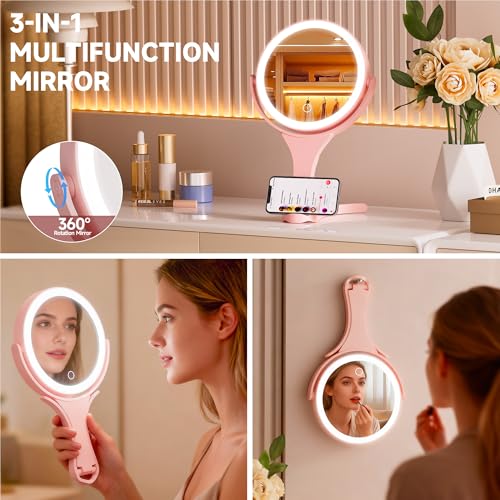 Hasipu Portable Travel Makeup Mirror with Lights ? 360¡Æ Rotating with 1X/10X Magnifying, Rechargeable Tabletop Handhold Hanging 3 in 1 Mirror (Pink)
