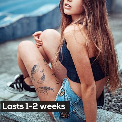 8 Sheets Semi-Permanent Whale Shark Tattoos ? Long Lasting 1-2 Week Premium Fake Tattoos ? Plant-Based Waterproof Realistic Body Art Tattoo Stickers for Adults Men Women Girls Kids