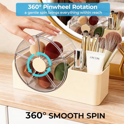 Cream Hair Accessories Organizer with Rotating 5-Section Wheel & 2-Slot Brush Holder