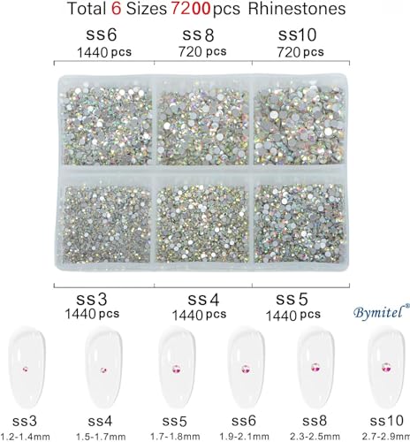 Bymitel 7200 Pieces Glass Flatback Rhinestones - 6 Sizes for DIY Jewelry