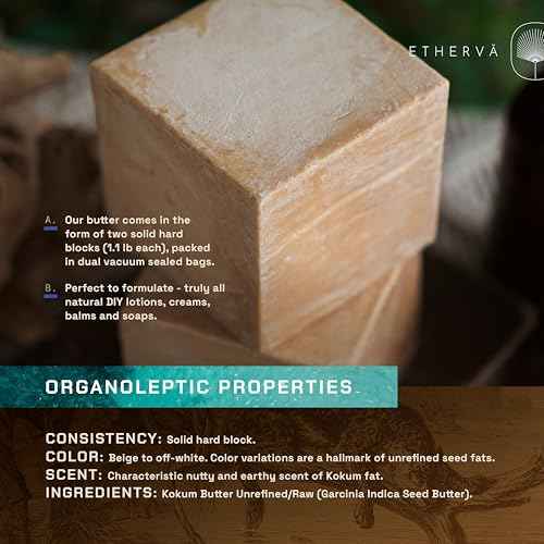 Raw Kokum Butter | Truly Raw Unrefined | Non-Deodorized & Unbleached | Strong Natural Scent | Hard Block | Wild Grown Organic | Bulk DIY Soap Making | Thickener for Skin, Body & Hair | 2.2 lb