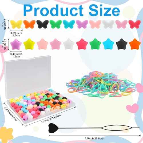 Waldeinsamkeit 200 Silicone Hair Beads Set 5mm Butterfly Star Hair Beads 10 Colors for Girls Braids 2 Plastic Quick Beaders 100 Elastic Rubber Bands Soft Micro Silicone Hair Beads for Braids
