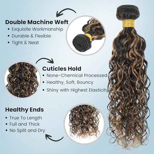 ALHER F1B/27 Black and Blonde Highlight Water Wave Bundles with 2x6 Long Deep Part Lace Closure, 12A Wet n Wavy Bayalage Ombre Colored Bundles with Closure 100% Virgin Remy Human Hair 12 14 16+12 IN