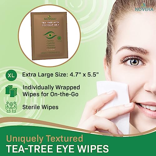 NOVEHA Tea Tree & Coconut Oil Eyelid & Lash Wipes | For Demodex, Blepharitis & Itchy Eyes, Box Of 60 Individually Wrapped Eyelash Wipes With Aloe Vera, Natural Makeup Remover & Daily Eye Cleanser