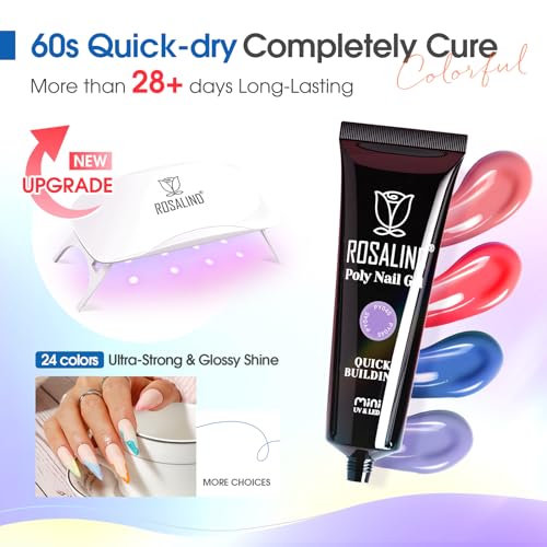 ROSALIND Poly Nail Gel Kit -24 Colors with Accessories Neon Poly Nails Gel Starter Kit with Slip Solution Mini UV Lamp Base Top Coat, Christmas All Seasons Classic Colors Poly Extension Gels Nails Kit