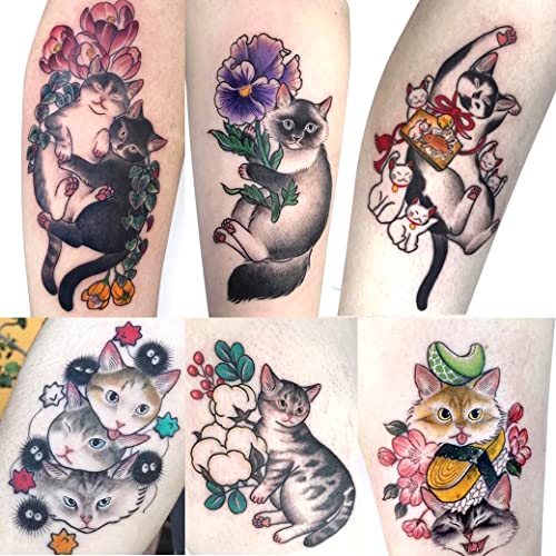30 Sheets Waterproof Temporary Tattoo Stickers - Japanese Cat Design