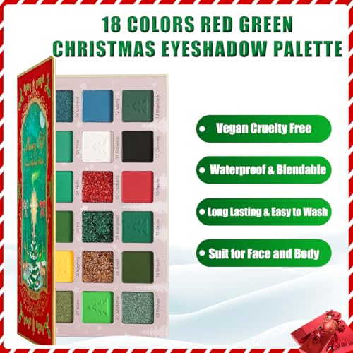 Green Red Eyeshadow Palette, Pigmented Matte Shimmer Christmas Makeup Pallet for Grinch, Shrek Makeup,18 Color Long Lasting Green Gold Glitter Eye Shadow Palette for Mardi Gras,Festival,Carnival,Party